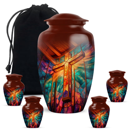 Wine Red Cross Cremation Urn top-down view of secure threaded lid - timeless cross motif etched into premium metal - memorial set with one large and four small urns