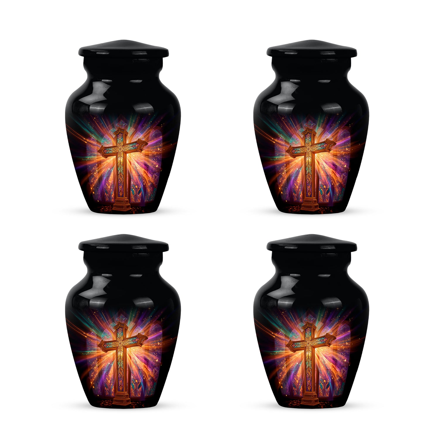 Jet Black Cross Cremation Urn side profile showing urn shape - timeless cross motif etched into premium metal - 10 inch aluminum urn for cremated remains