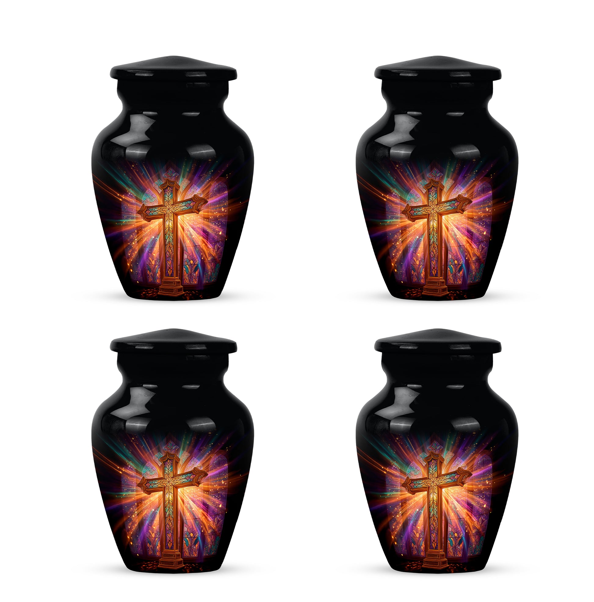 Jet Black Cross Cremation Urn side profile showing urn shape - timeless cross motif etched into premium metal - 10 inch aluminum urn for cremated remains