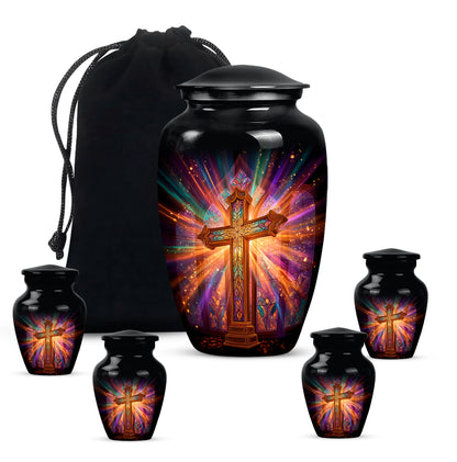 Jet Black Cross Cremation Urn top-down view of secure threaded lid - timeless cross motif etched into premium metal - memorial set with one large and four small urns