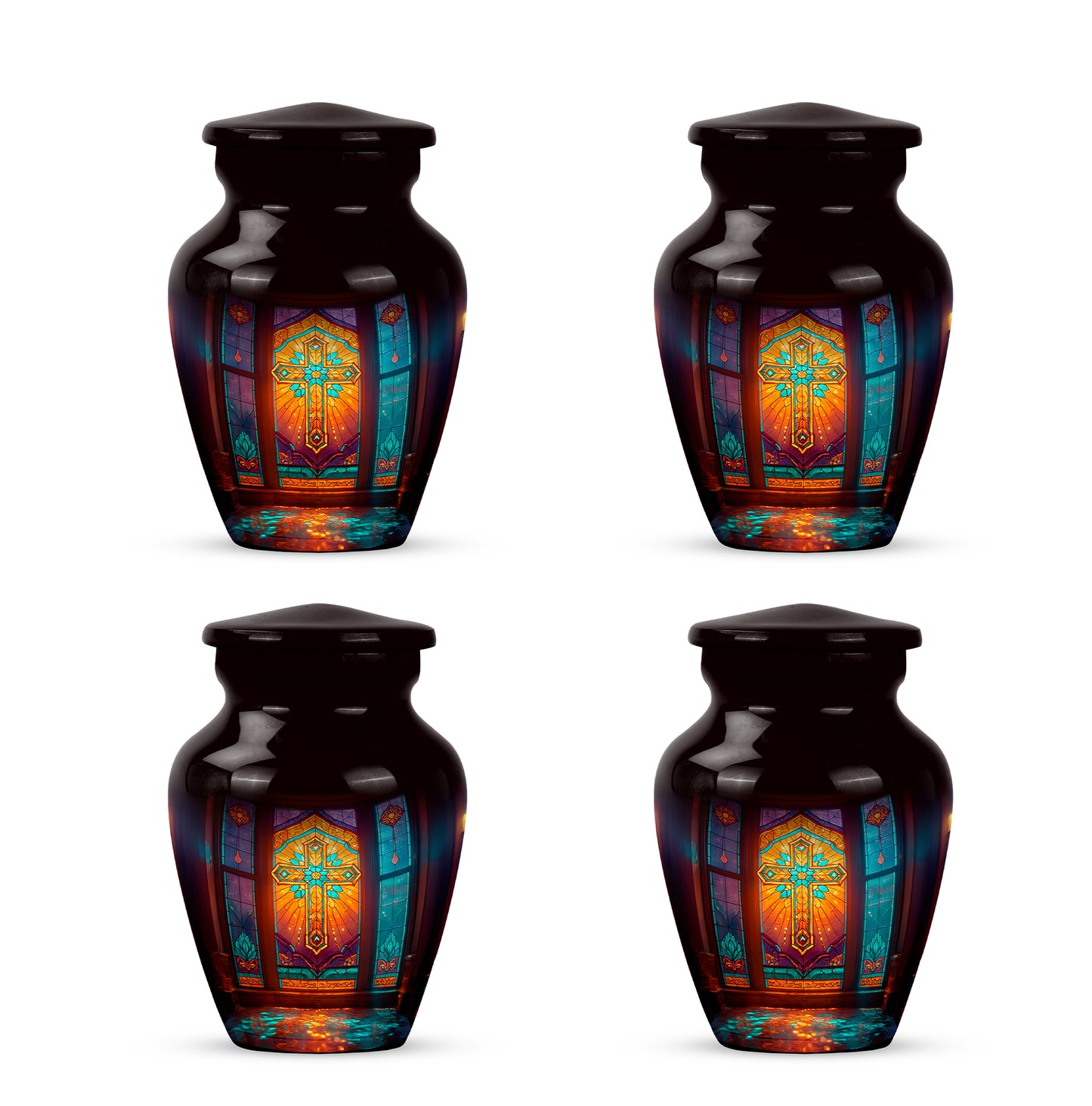 Onyx Black Cross Cremation Urn side profile showing urn shape - traditional cross engraving with hand-polished finish - 10 inch aluminum urn for cremated remains