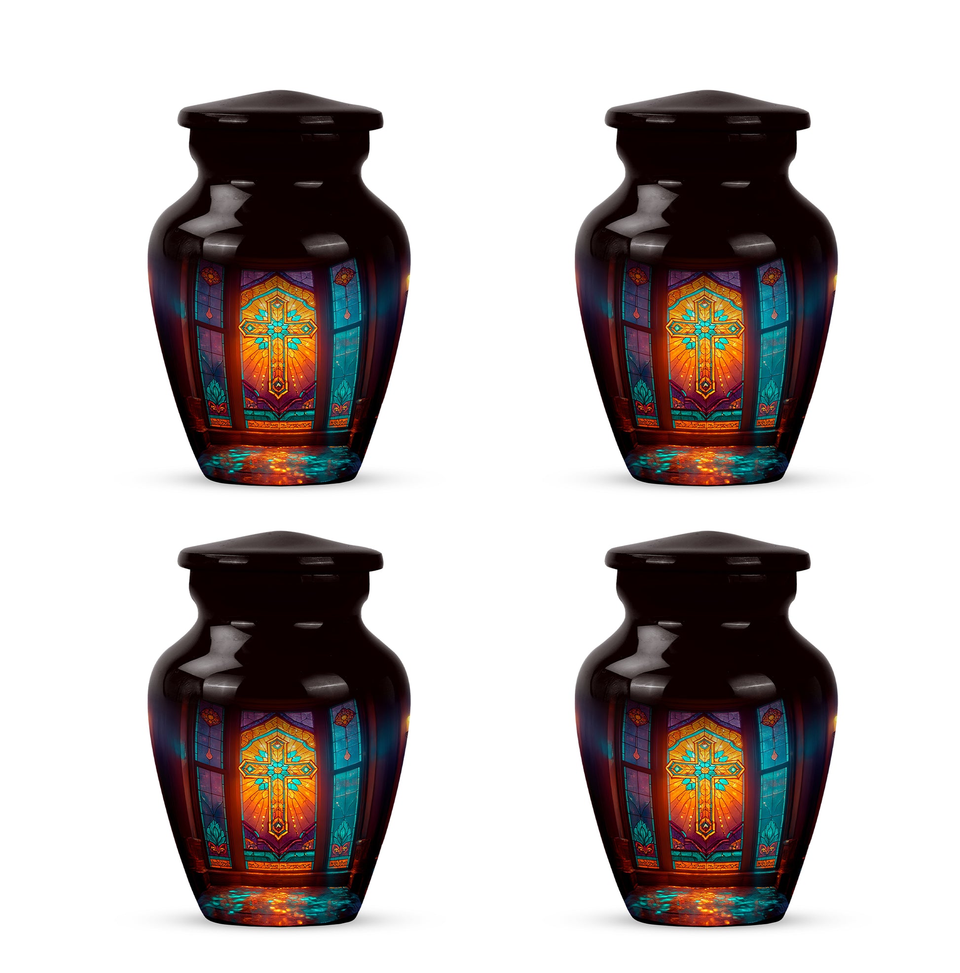 Onyx Black Cross Cremation Urn side profile showing urn shape - traditional cross engraving with hand-polished finish - 10 inch aluminum urn for cremated remains