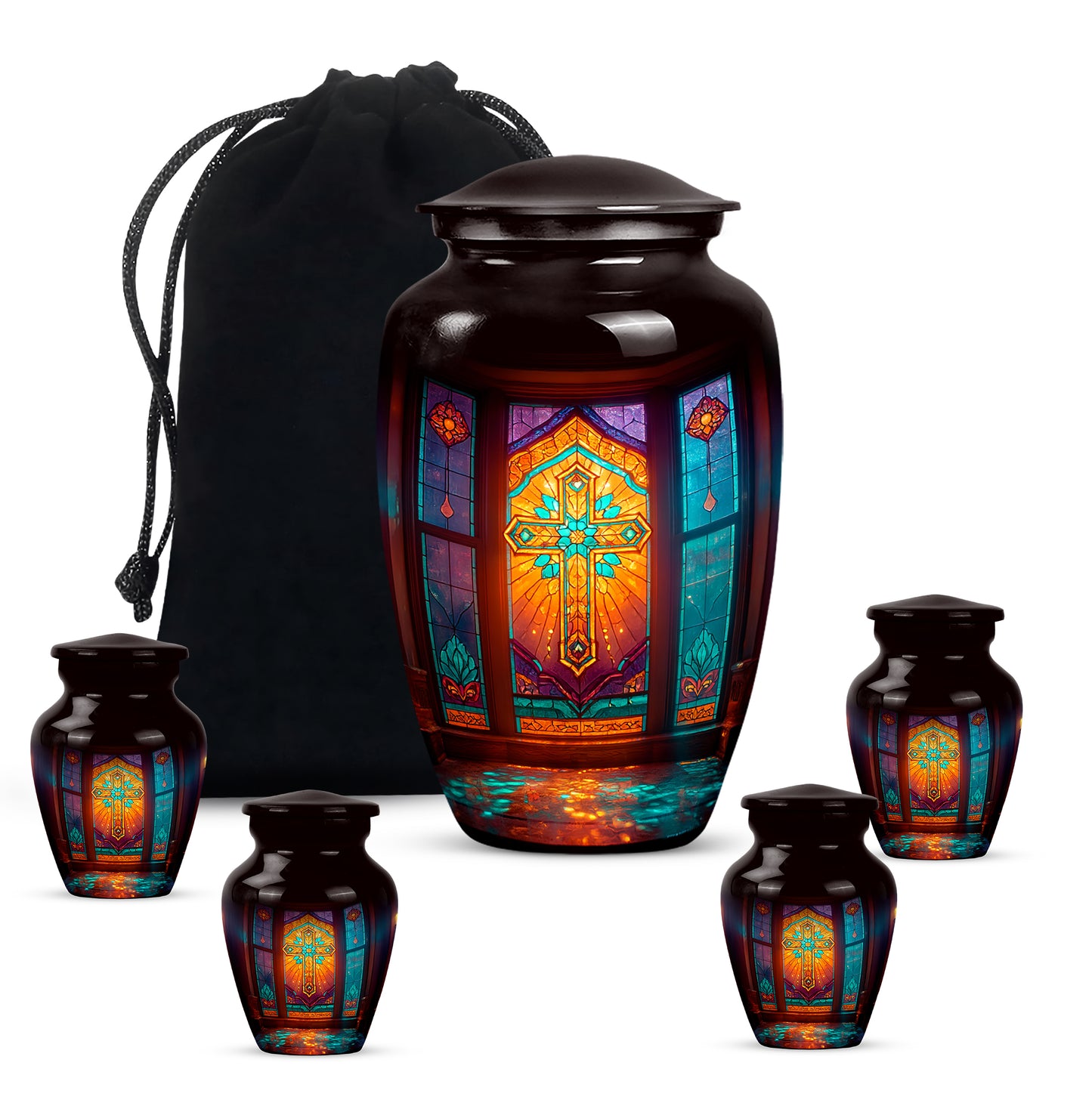 Deep Black Cross Cremation Urn top-down view of secure threaded lid - timeless cross motif etched into premium metal - memorial set with one large and four small urns