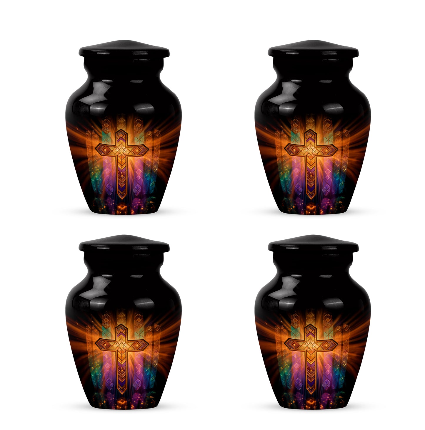 Onyx Black Cross Cremation Urn side profile showing urn shape - elegant classic cross relief with fine detailing - 10 inch aluminum urn for cremated remains