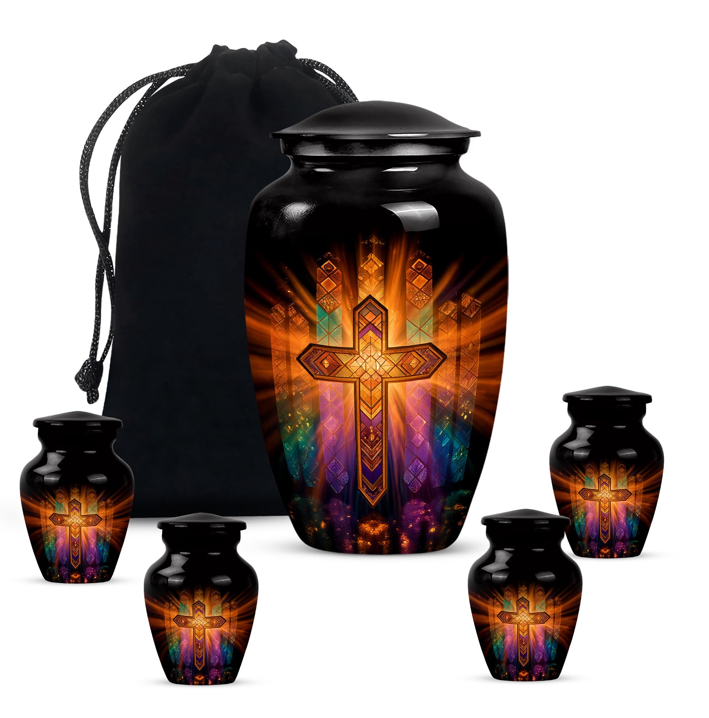 Dark Black Cross Cremation Urn top-down view of secure threaded lid - traditional cross engraving with hand-polished finish - memorial set with one large and four small urns