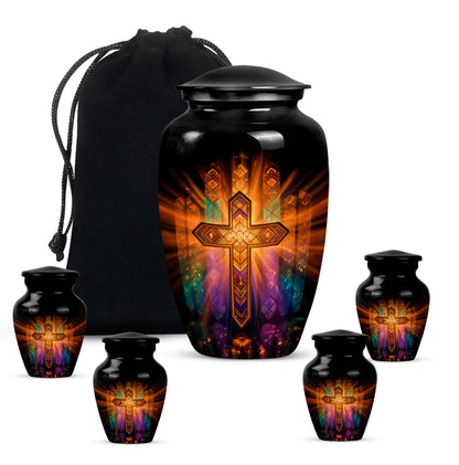 Dark Black Cross Cremation Urn top-down view of secure threaded lid - traditional cross engraving with hand-polished finish - memorial set with one large and four small urns