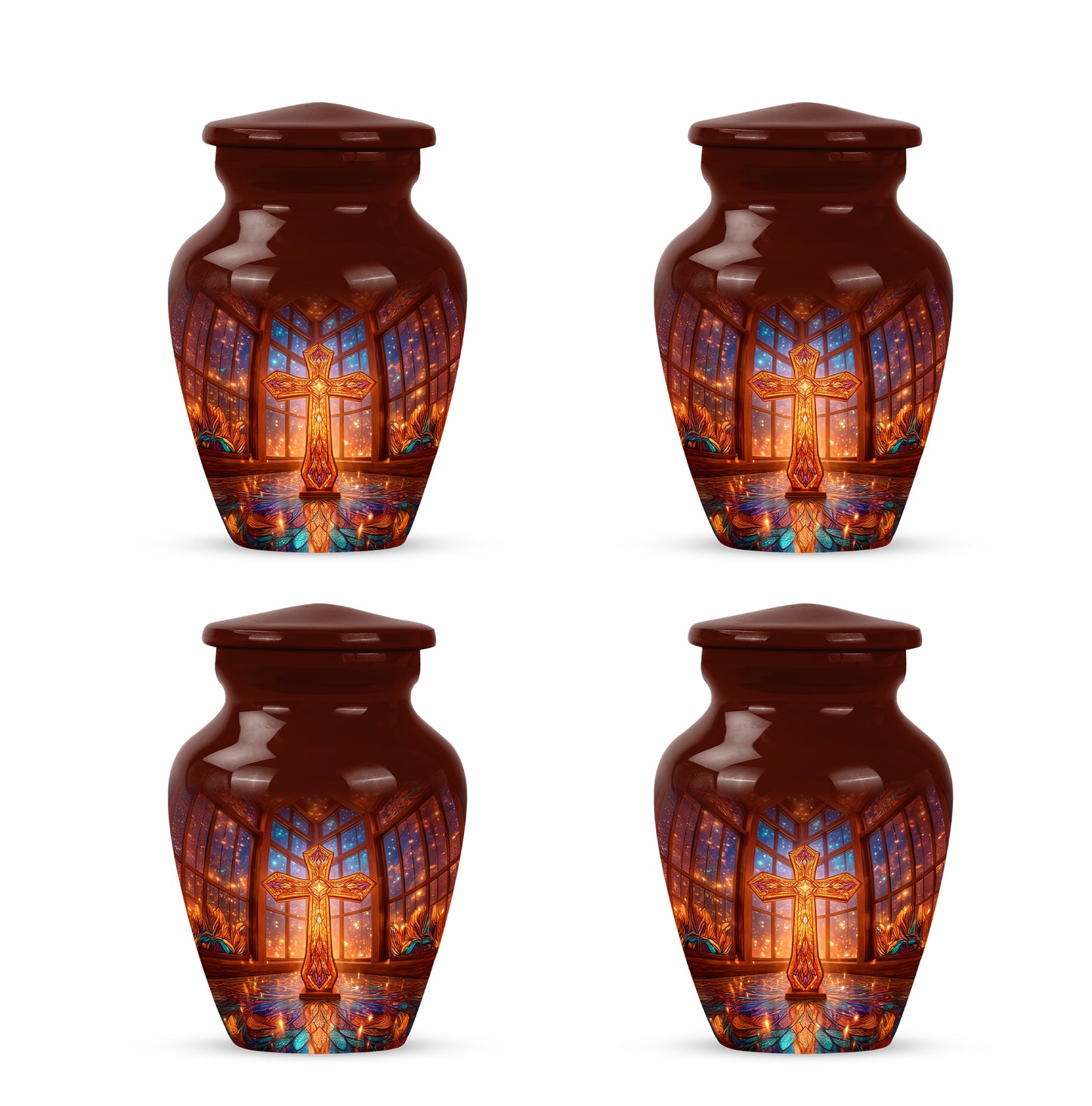 Wine Red Cross Cremation Urn side profile showing urn shape - timeless cross motif etched into premium metal - 10 inch aluminum urn for cremated remains