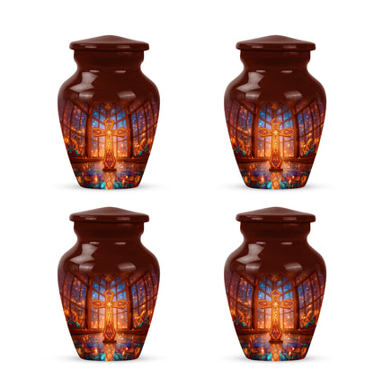 Wine Red Cross Cremation Urn side profile showing urn shape - timeless cross motif etched into premium metal - 10 inch aluminum urn for cremated remains