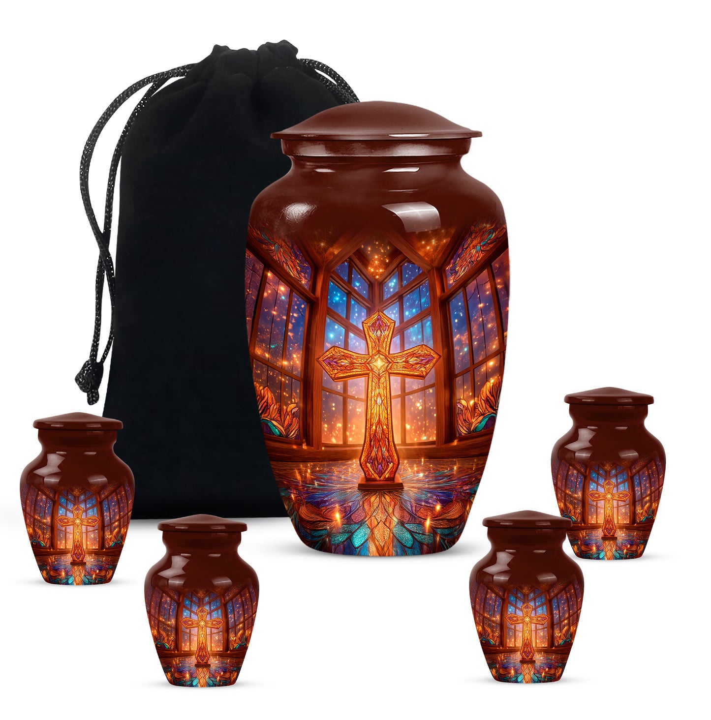 Cherry Red Cross Cremation Urn top-down view of secure threaded lid - elegant classic cross relief with fine detailing - memorial set with one large and four small urns