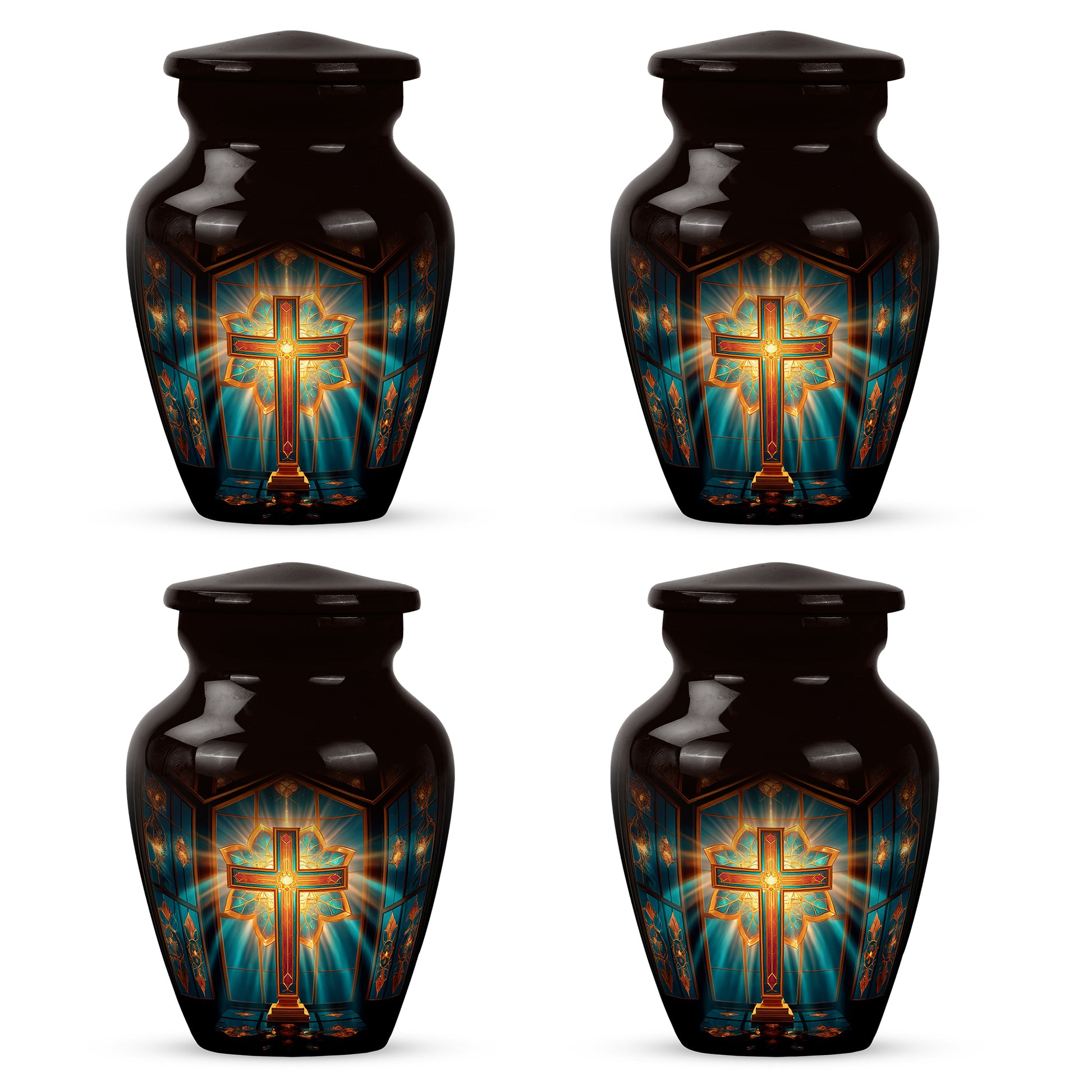 Burgundy Red Cross Cremation Urn side profile showing urn shape - timeless cross motif etched into premium metal - 10 inch aluminum urn for cremated remains