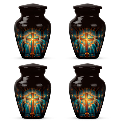 Burgundy Red Cross Cremation Urn side profile showing urn shape - timeless cross motif etched into premium metal - 10 inch aluminum urn for cremated remains