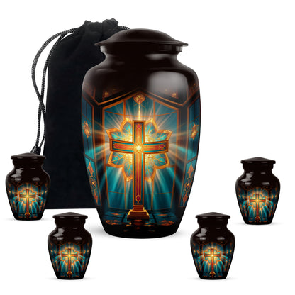 Wine Red Cross Cremation Urn top-down view of secure threaded lid - classic sculpted cross pattern on smooth aluminum - memorial set with one large and four small urns