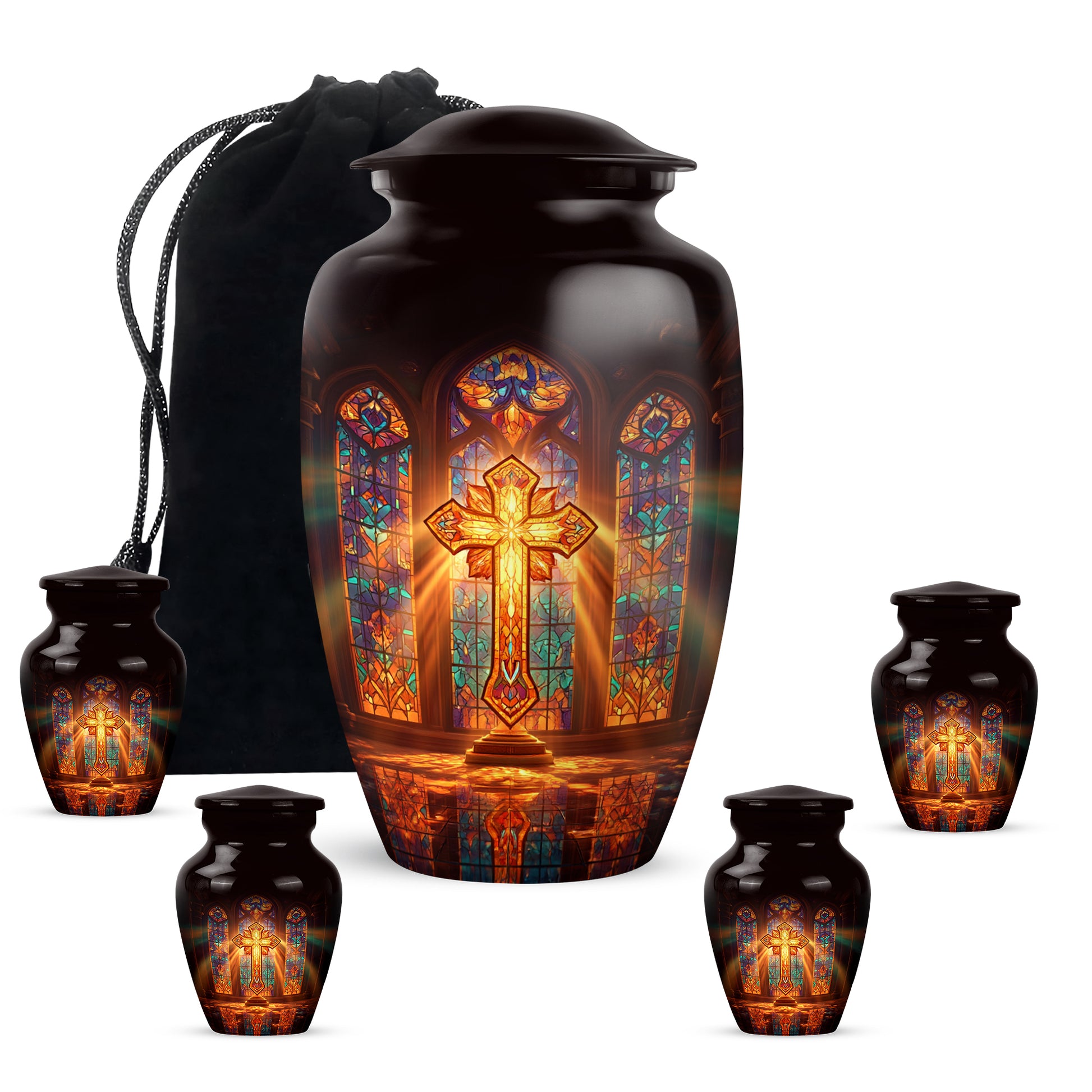 Burgundy Red Cross Cremation Urn top-down view of secure threaded lid - timeless cross motif etched into premium metal - memorial set with one large and four small urns