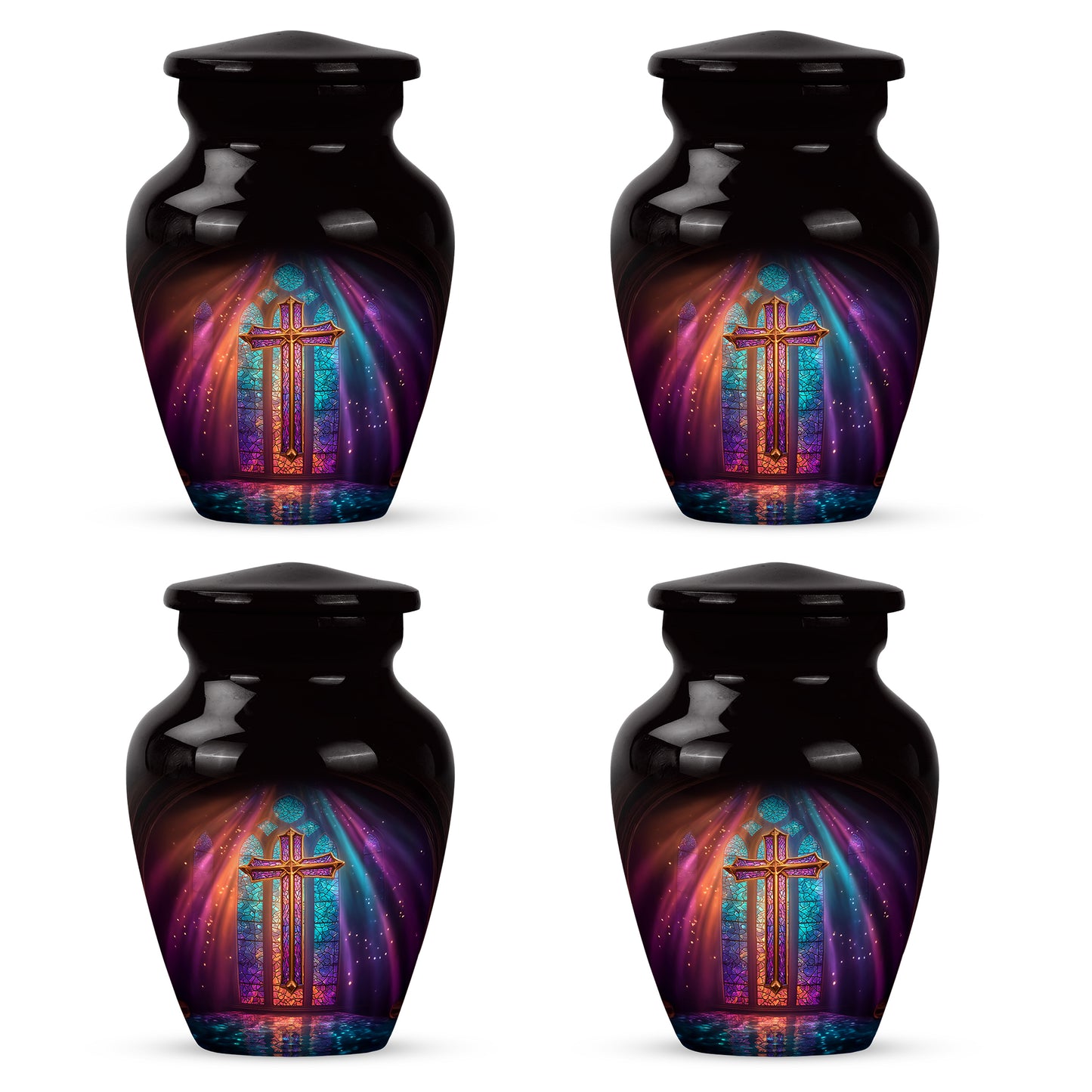 Onyx Black Cross Cremation Urn side profile showing urn shape - elegant classic cross relief with fine detailing - 10 inch aluminum urn for cremated remains