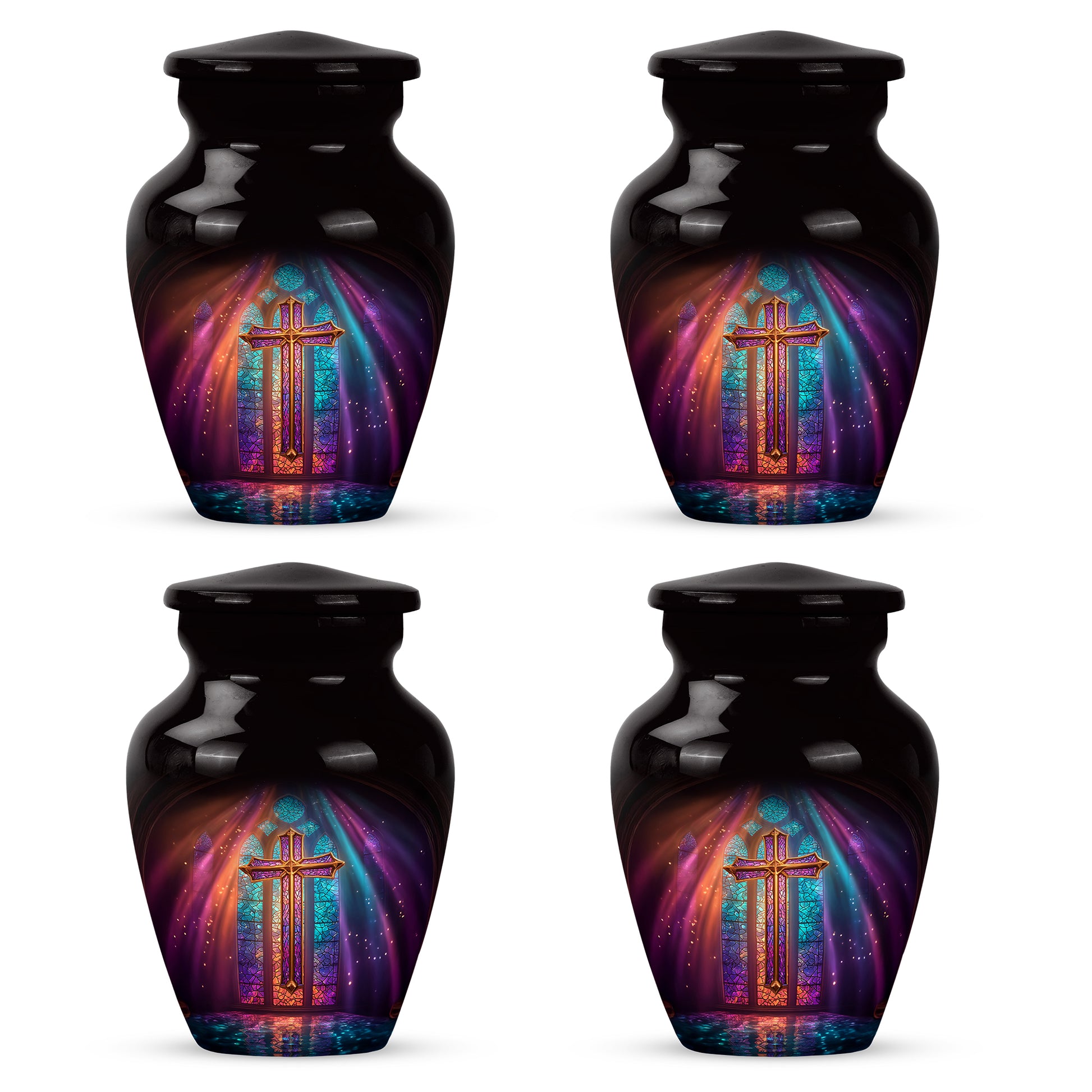 Onyx Black Cross Cremation Urn side profile showing urn shape - elegant classic cross relief with fine detailing - 10 inch aluminum urn for cremated remains