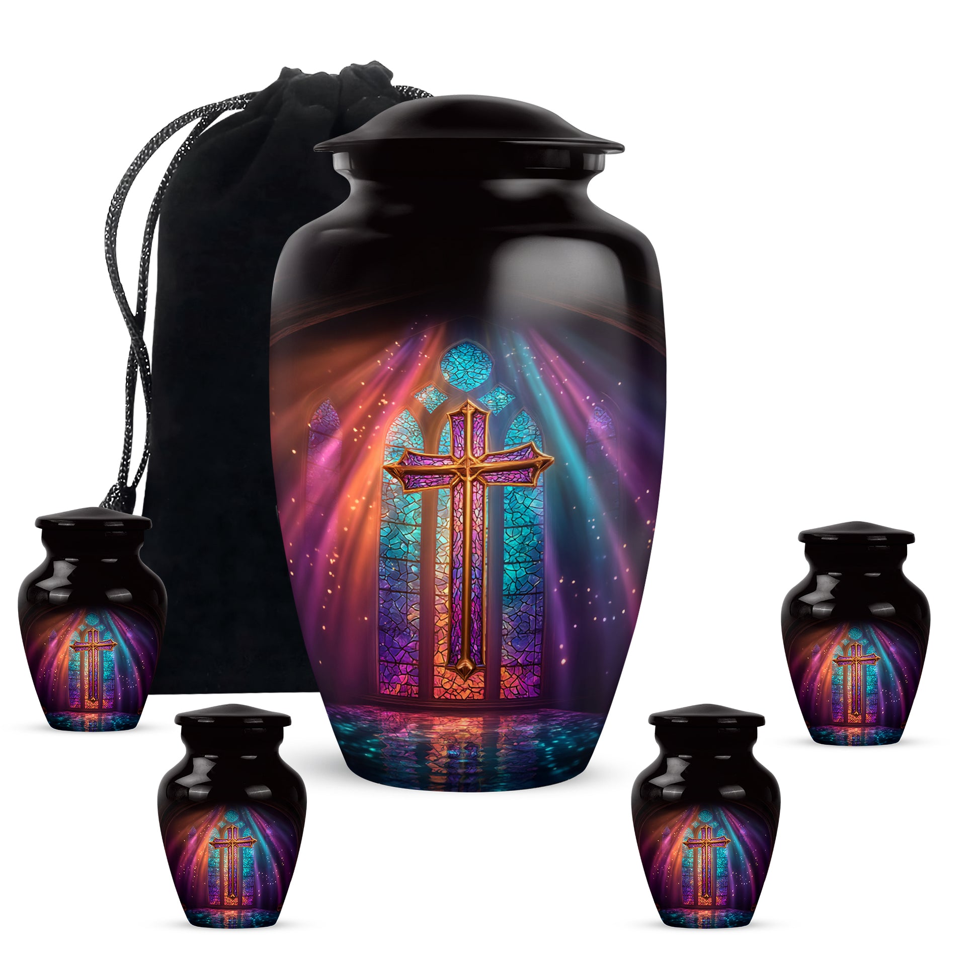 Deep Black Cross Cremation Urn top-down view of secure threaded lid - classic sculpted cross pattern on smooth aluminum - memorial set with one large and four small urns
