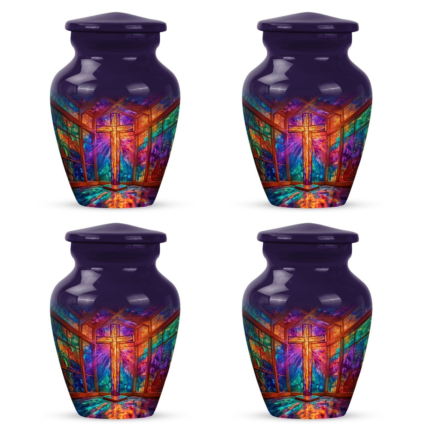 Majestic Purple Cross Cremation Urn side profile showing urn shape - timeless cross motif etched into premium metal - 10 inch aluminum urn for cremated remains