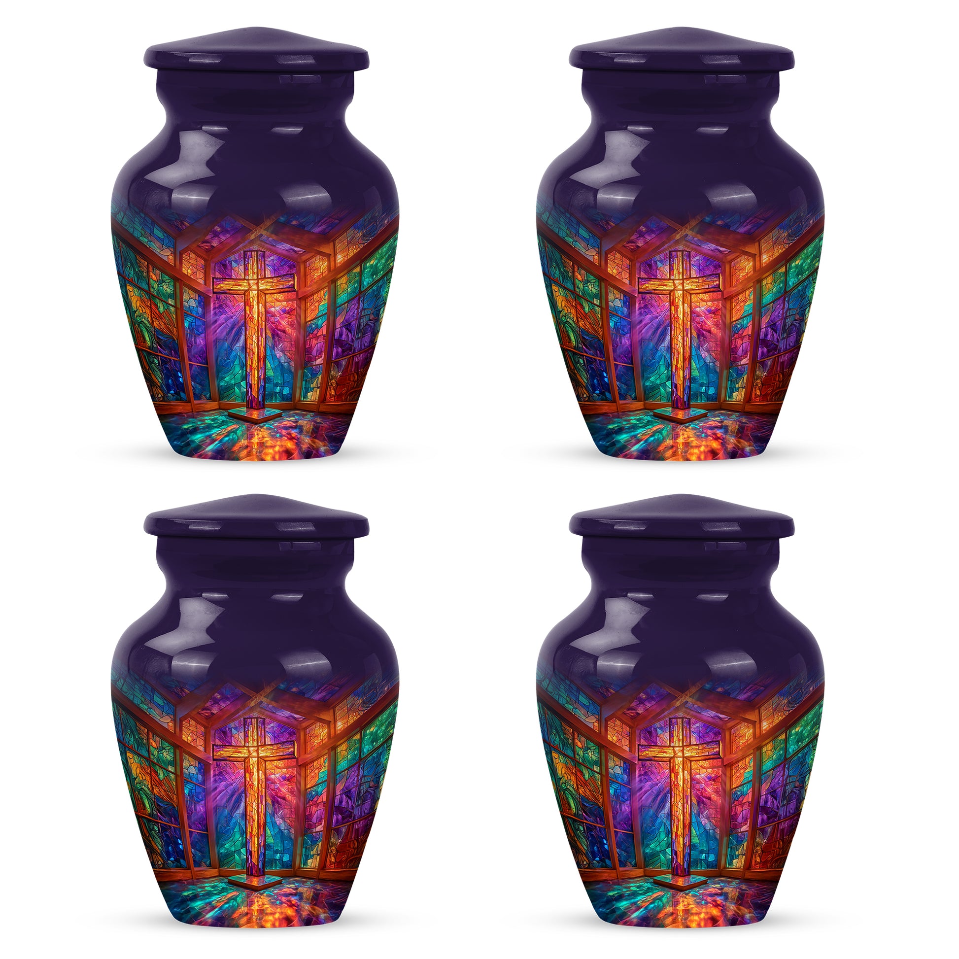 Majestic Purple Cross Cremation Urn side profile showing urn shape - timeless cross motif etched into premium metal - 10 inch aluminum urn for cremated remains