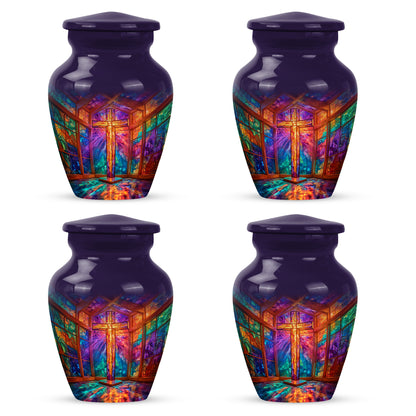 Majestic Purple Cross Cremation Urn side profile showing urn shape - timeless cross motif etched into premium metal - 10 inch aluminum urn for cremated remains