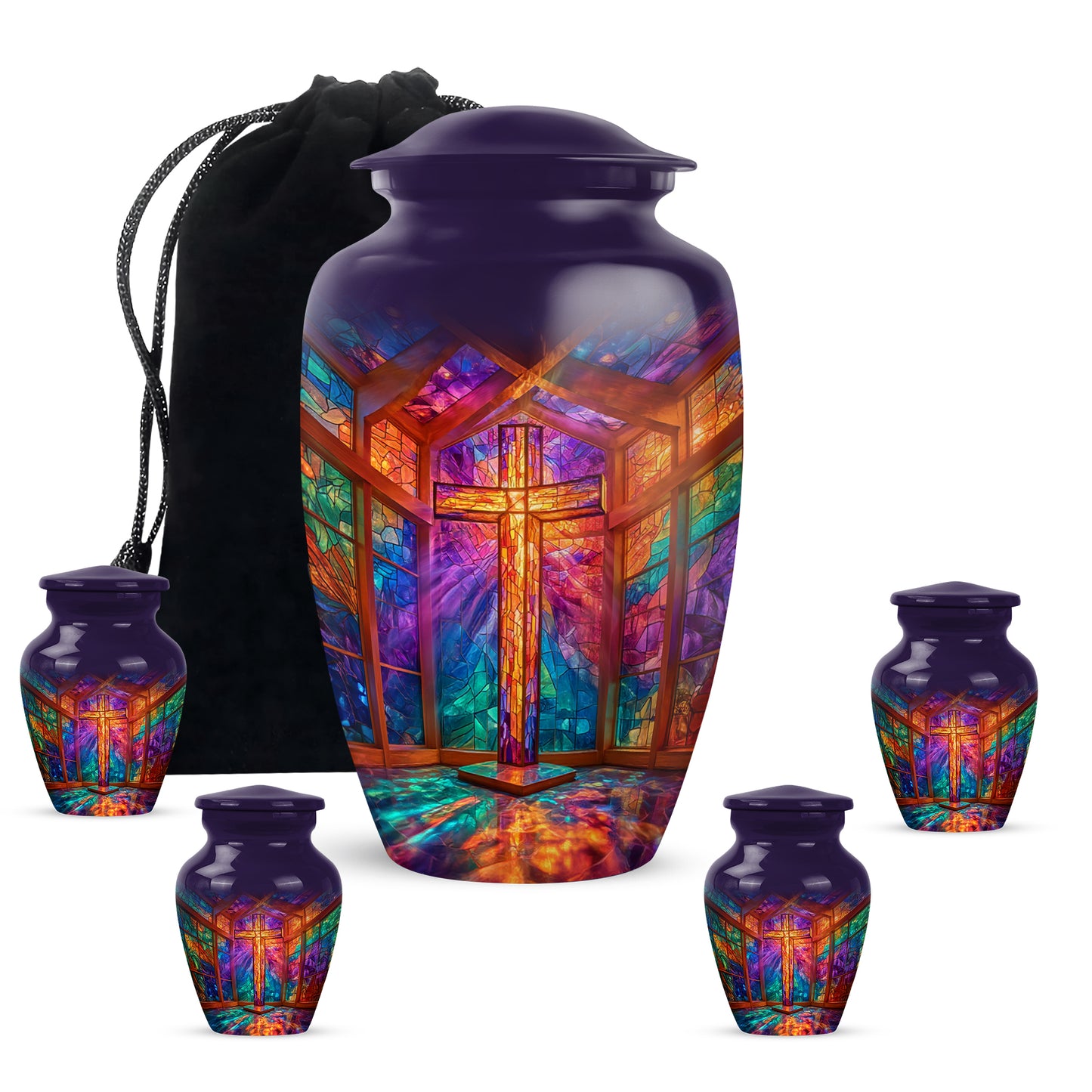 Plum Purple Cross Cremation Urn top-down view of secure threaded lid - timeless cross motif etched into premium metal - memorial set with one large and four small urns