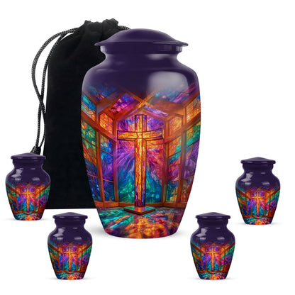 Plum Purple Cross Cremation Urn top-down view of secure threaded lid - timeless cross motif etched into premium metal - memorial set with one large and four small urns