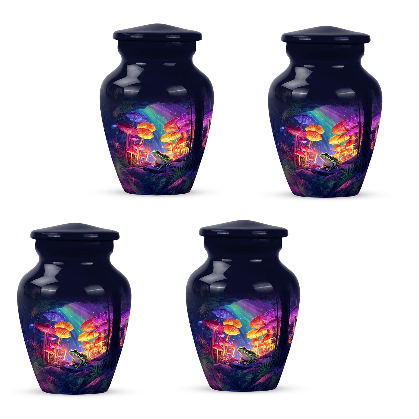 Vivid Blue Frog Cremation Urn side profile showing urn shape - elegant classic frog relief with fine detailing - 10 inch aluminum urn for cremated remains
