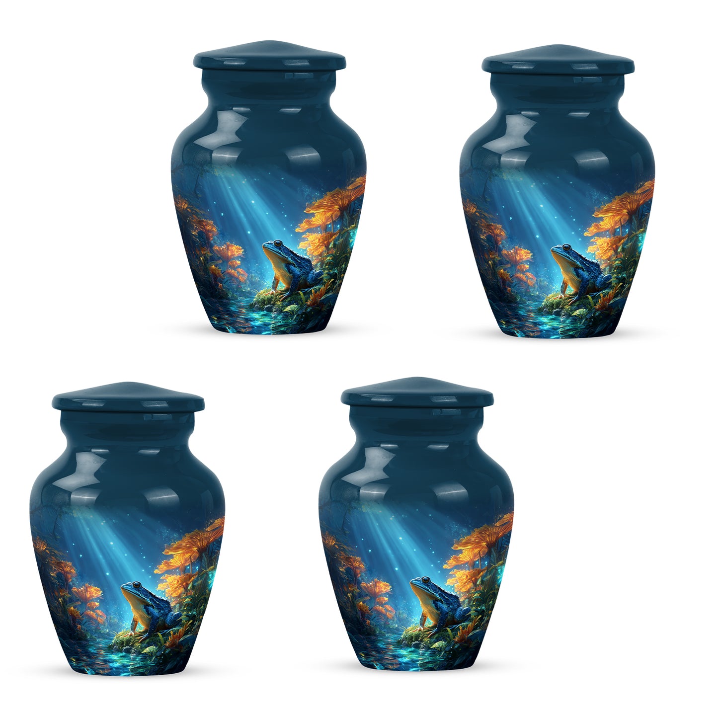 Bright Blue Frog Cremation Urn side profile showing urn shape - elegant classic frog relief with fine detailing - 10 inch aluminum urn for cremated remains