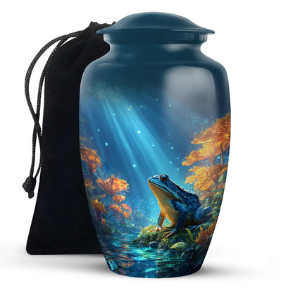Navy Blue Frog Cremation Urn angled view of lid and engraved motif - timeless frog motif etched into premium metal - full-size 10 inch 200 cubic inch adult cremation urn