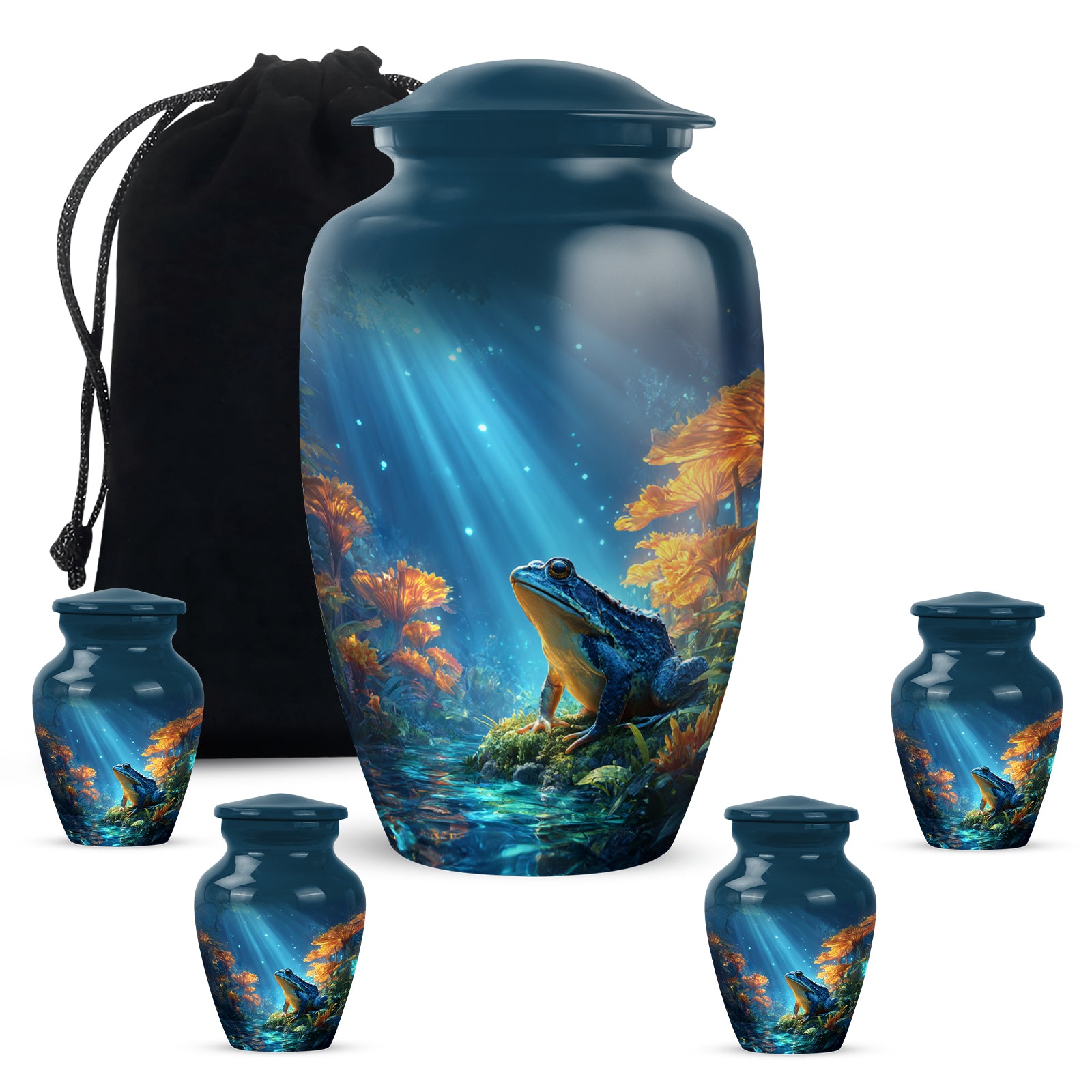 Serene Blue Frog Cremation Urn top-down view of secure threaded lid - elegant classic frog relief with fine detailing - memorial set with one large and four small urns