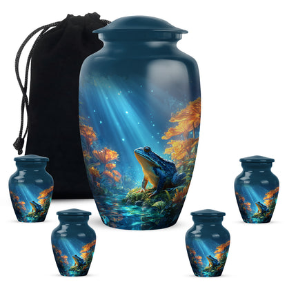 Serene Blue Frog Cremation Urn top-down view of secure threaded lid - elegant classic frog relief with fine detailing - memorial set with one large and four small urns