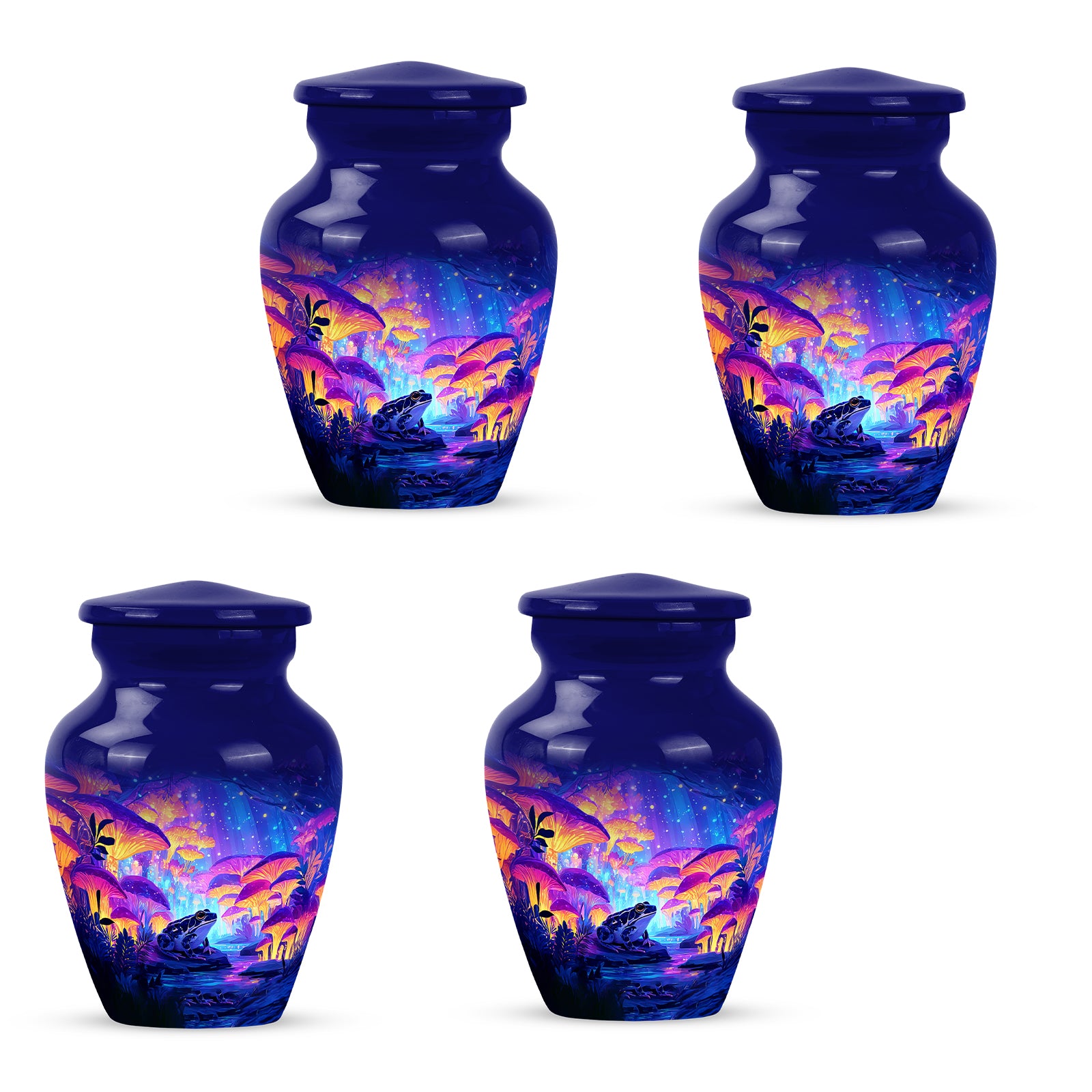 Indigo Frog Cremation Urn side profile showing urn shape - classic sculpted frog pattern on smooth aluminum - 10 inch aluminum urn for cremated remains