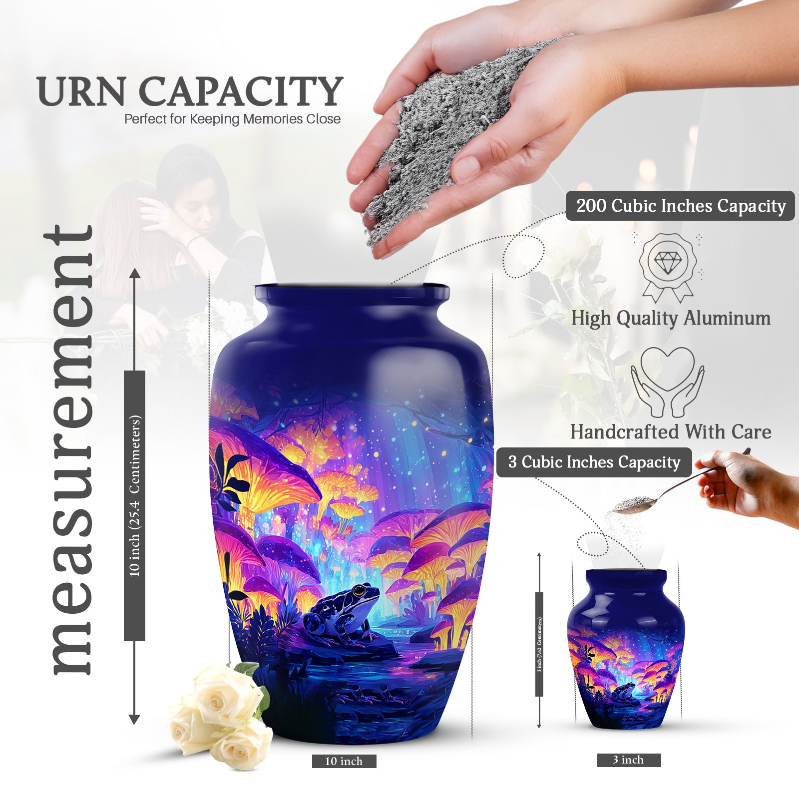 Slate Blue Frog Cremation Urn close-up of engraving and surface detail - classic sculpted frog pattern on smooth aluminum - mini keepsake memorial for portion of cremation ashes