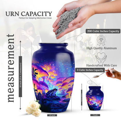 Slate Blue Frog Cremation Urn close-up of engraving and surface detail - classic sculpted frog pattern on smooth aluminum - mini keepsake memorial for portion of cremation ashes