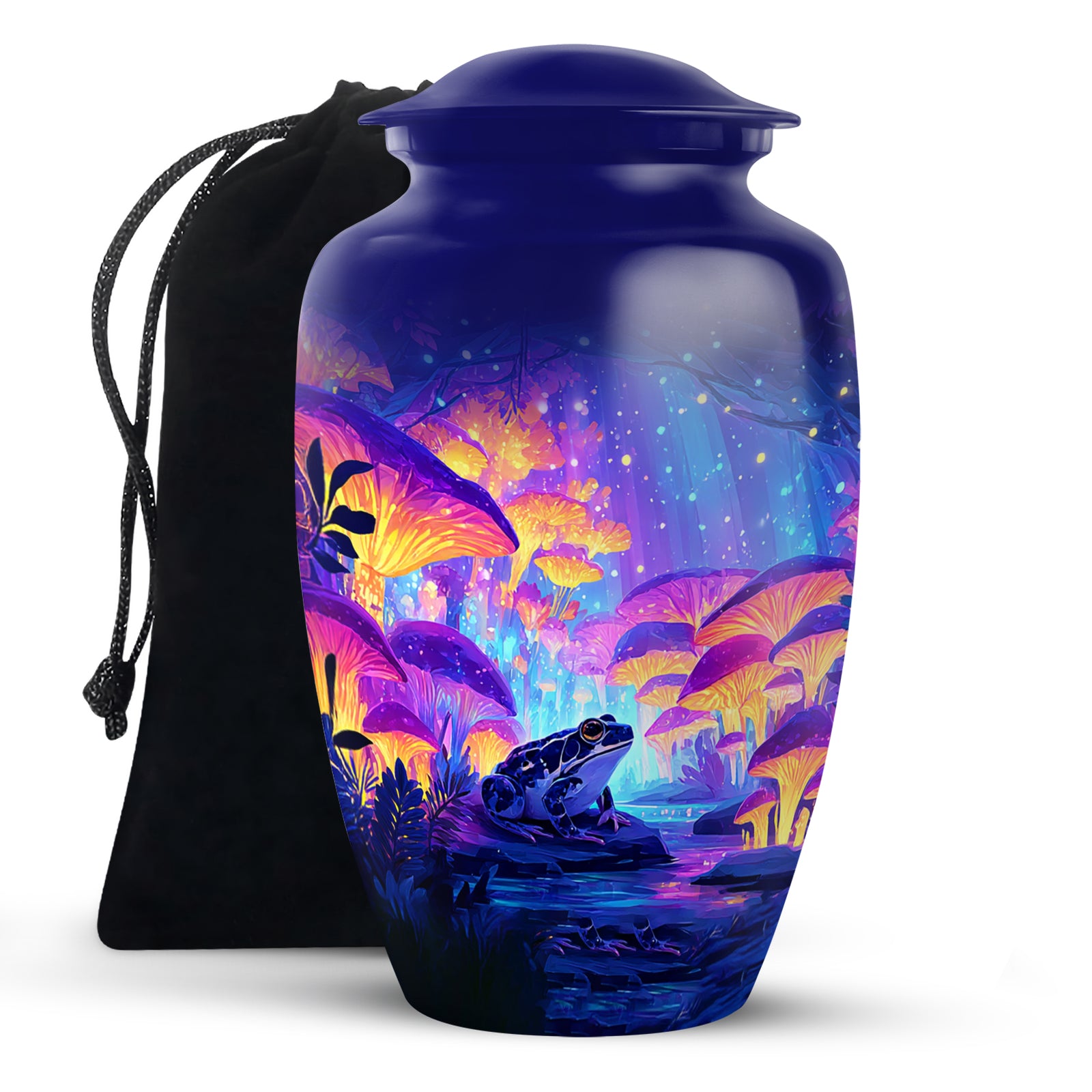 Twilight Blue Frog Cremation Urn angled view of lid and engraved motif - traditional frog engraving with hand-polished finish - full-size 10 inch 200 cubic inch adult cremation urn