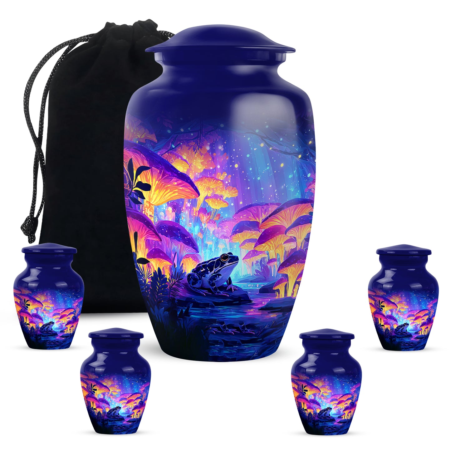 Navy Blue Frog Cremation Urn top-down view of secure threaded lid - timeless frog motif etched into premium metal - memorial set with one large and four small urns