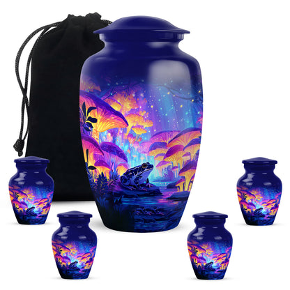 Navy Blue Frog Cremation Urn top-down view of secure threaded lid - timeless frog motif etched into premium metal - memorial set with one large and four small urns
