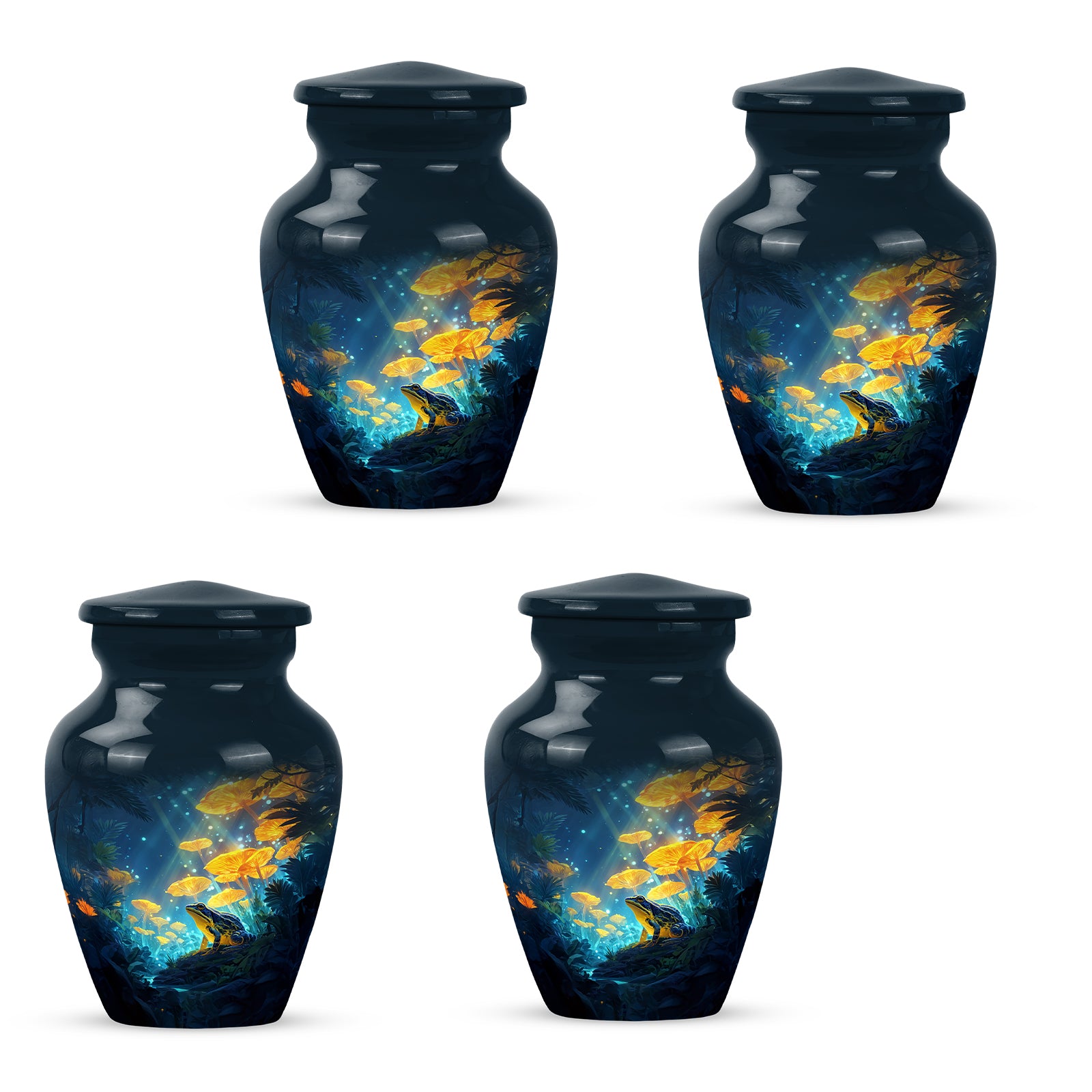 Sapphire Blue Frog Cremation Urn side profile showing urn shape - traditional frog engraving with hand-polished finish - 10 inch aluminum urn for cremated remains