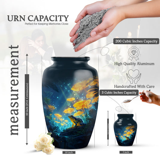 Indigo Frog Cremation Urn close-up of engraving and surface detail - timeless frog motif etched into premium metal - mini keepsake memorial for portion of cremation ashes