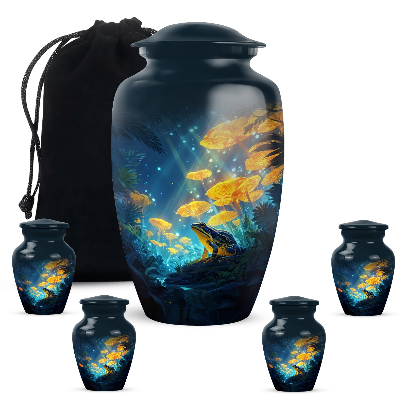 Cobalt Blue Frog Cremation Urn top-down view of secure threaded lid - traditional frog engraving with hand-polished finish - memorial set with one large and four small urns