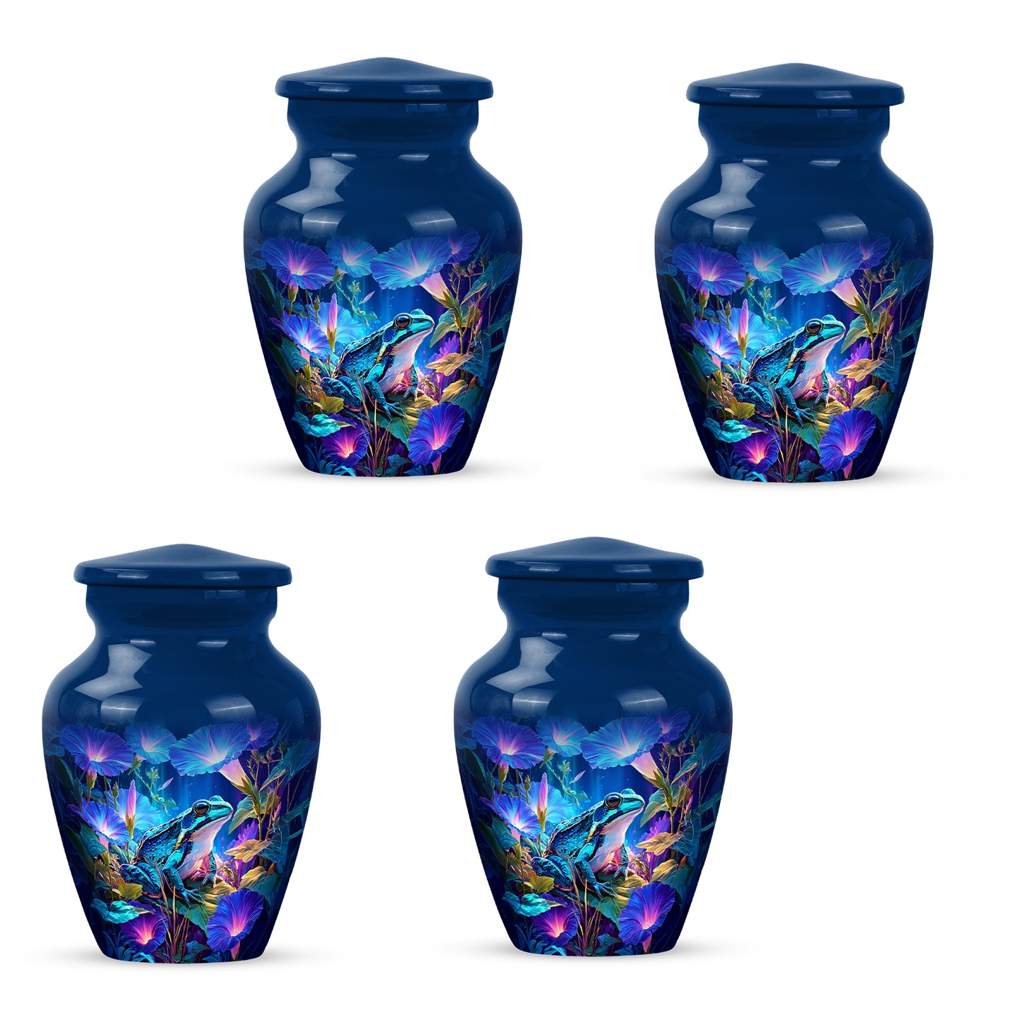 Navy Blue Frog Cremation Urn side profile showing urn shape - classic sculpted frog pattern on smooth aluminum - 10 inch aluminum urn for cremated remains