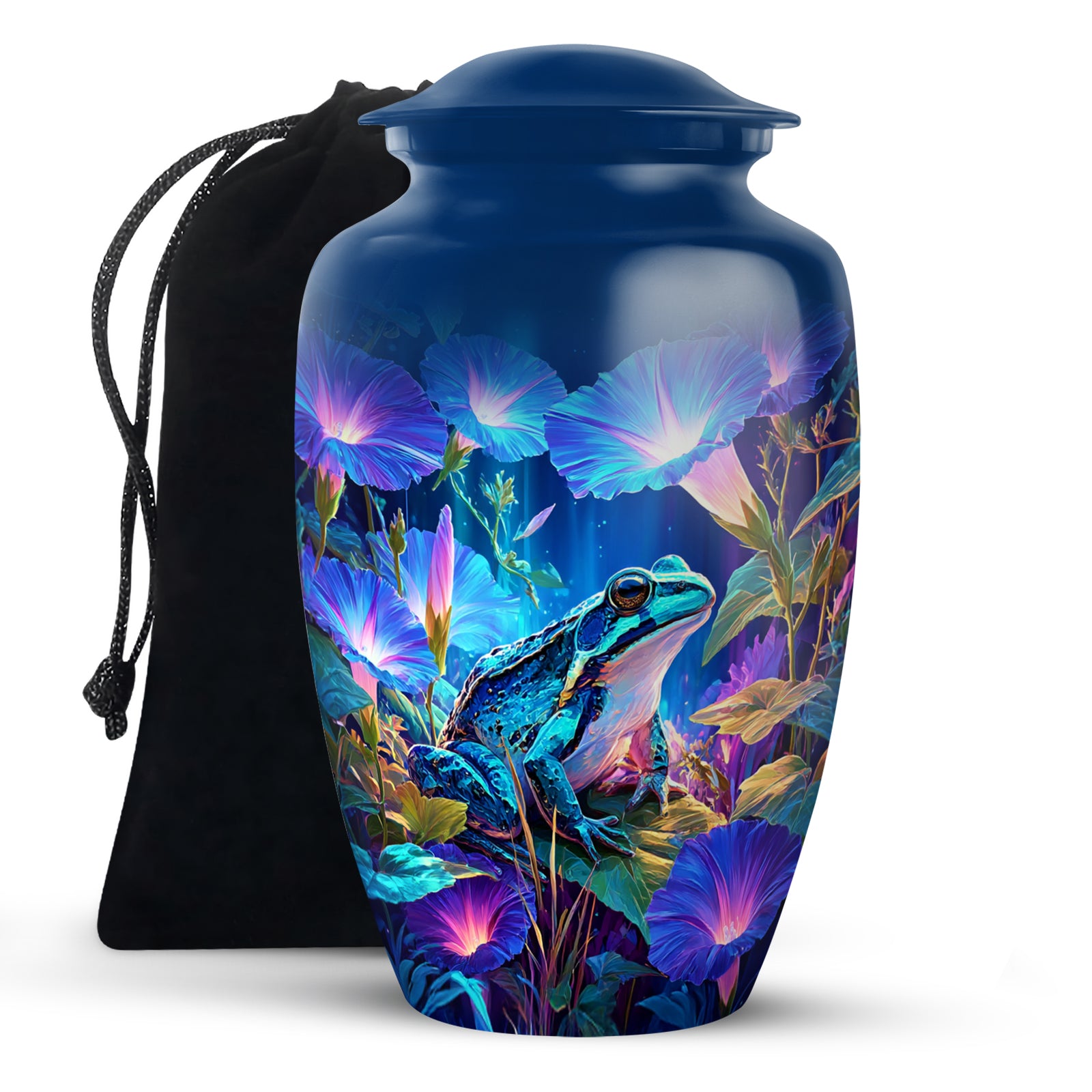 Indigo Frog Cremation Urn angled view of lid and engraved motif - timeless frog motif etched into premium metal - full-size 10 inch 200 cubic inch adult cremation urn