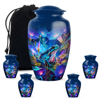 Steel Blue Frog Cremation Urn top-down view of secure threaded lid - traditional frog engraving with hand-polished finish - memorial set with one large and four small urns