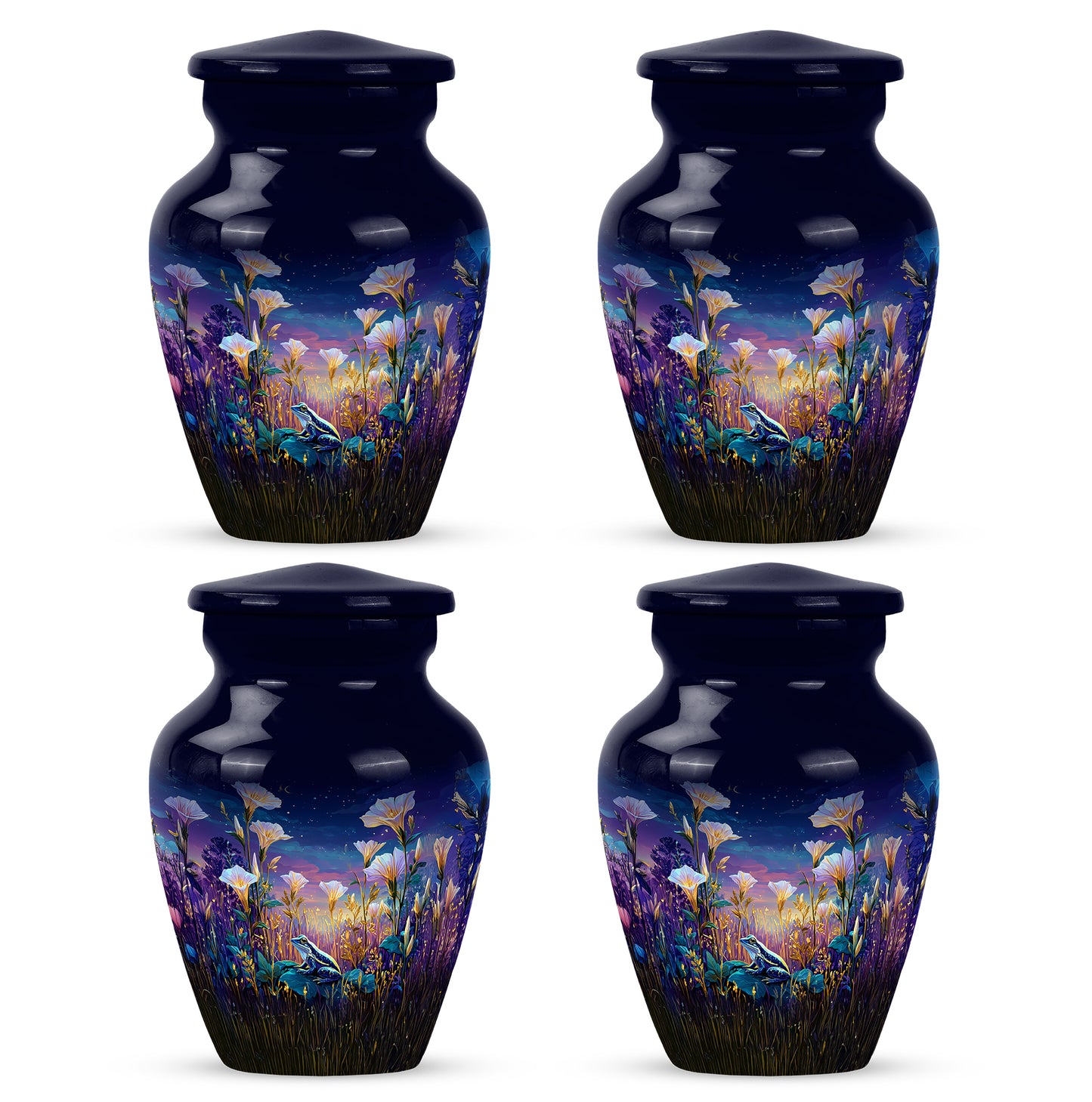 Twilight Blue Frog Cremation Urn side profile showing urn shape - traditional frog engraving with hand-polished finish - 10 inch aluminum urn for cremated remains