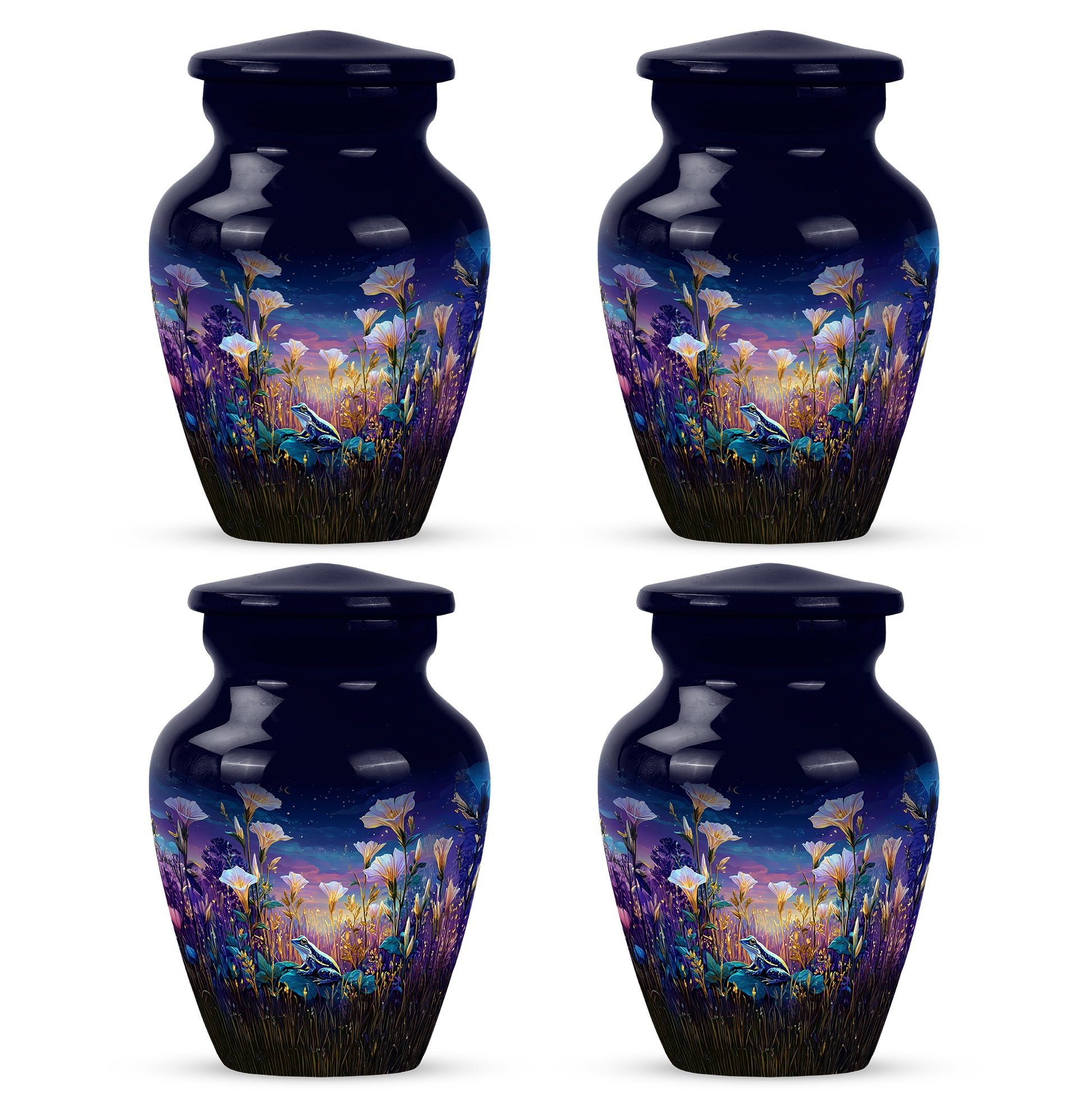 Twilight Blue Frog Cremation Urn side profile showing urn shape - traditional frog engraving with hand-polished finish - 10 inch aluminum urn for cremated remains
