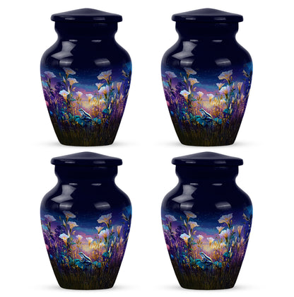 Twilight Blue Frog Cremation Urn side profile showing urn shape - traditional frog engraving with hand-polished finish - 10 inch aluminum urn for cremated remains