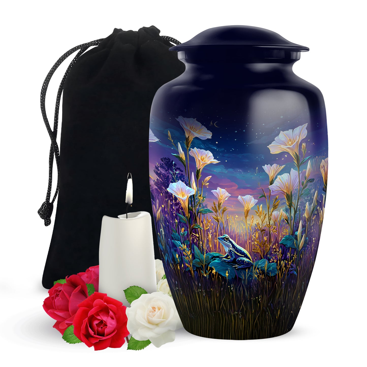 Pastel Blue Frog Cremation Urn angled view of lid and engraved motif - classic sculpted frog pattern on smooth aluminum - full-size 10 inch 200 cubic inch adult cremation urn