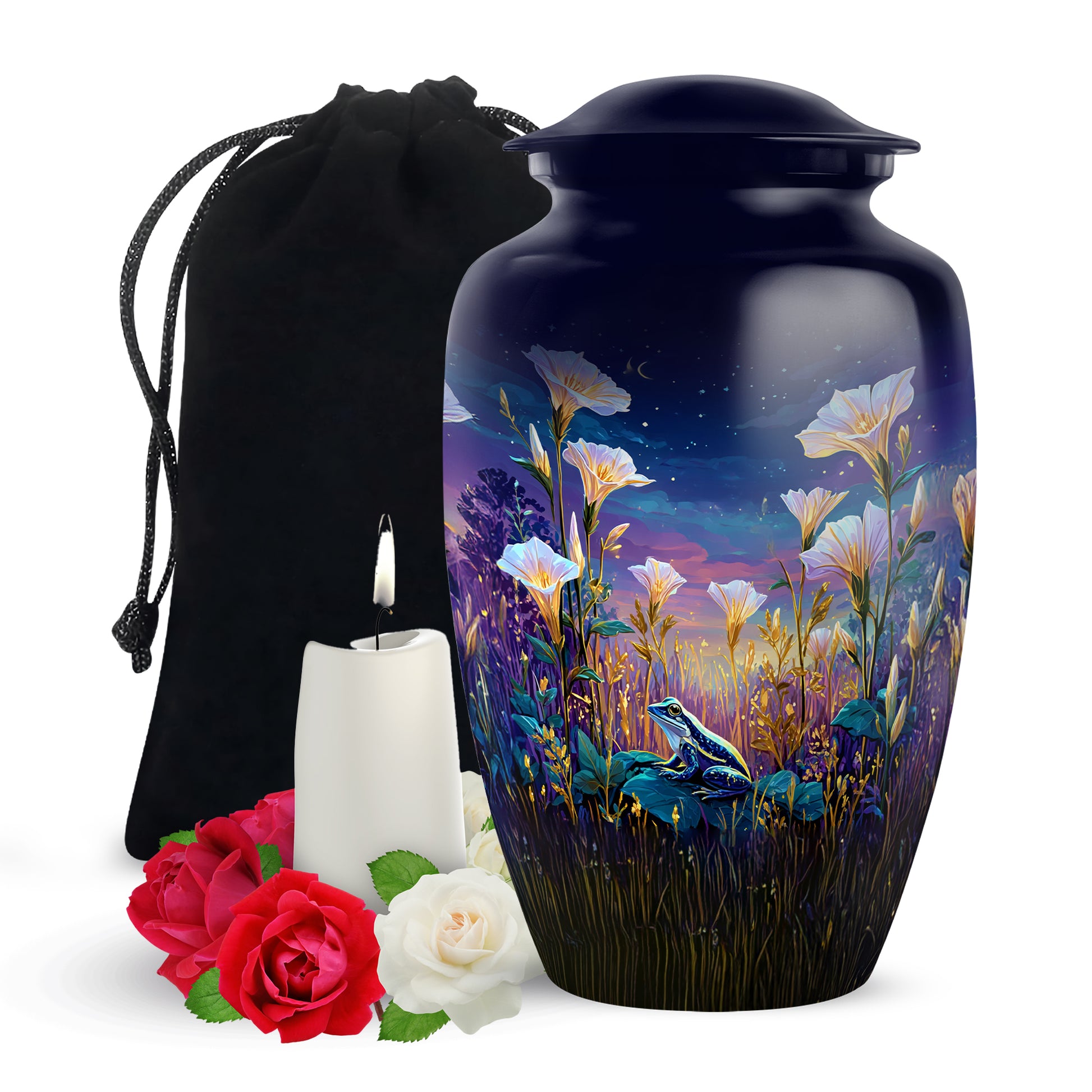 Pastel Blue Frog Cremation Urn angled view of lid and engraved motif - classic sculpted frog pattern on smooth aluminum - full-size 10 inch 200 cubic inch adult cremation urn