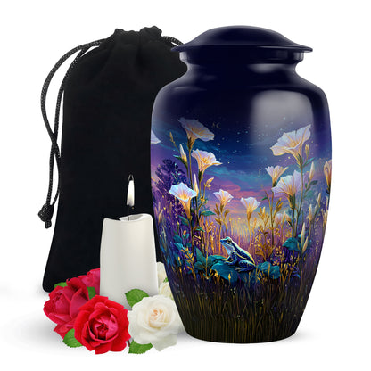 Pastel Blue Frog Cremation Urn angled view of lid and engraved motif - classic sculpted frog pattern on smooth aluminum - full-size 10 inch 200 cubic inch adult cremation urn