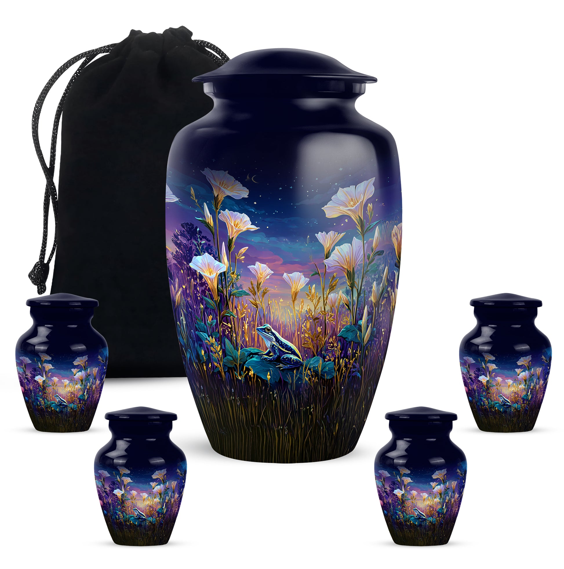 Pastel Blue Frog Cremation Urn top-down view of secure threaded lid - timeless frog motif etched into premium metal - memorial set with one large and four small urns
