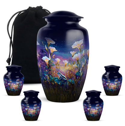 Pastel Blue Frog Cremation Urn top-down view of secure threaded lid - timeless frog motif etched into premium metal - memorial set with one large and four small urns